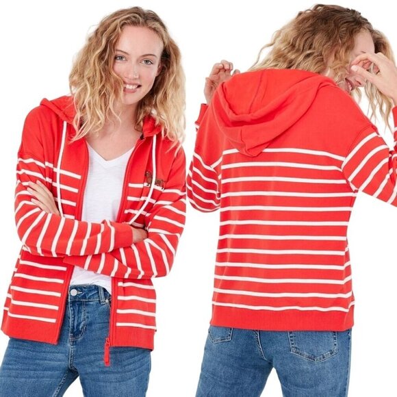 Joules Jacket Women 2 Red White Striped Oakham Full Zip Hoodie Sweatshirt Preppy - Picture 1 of 11